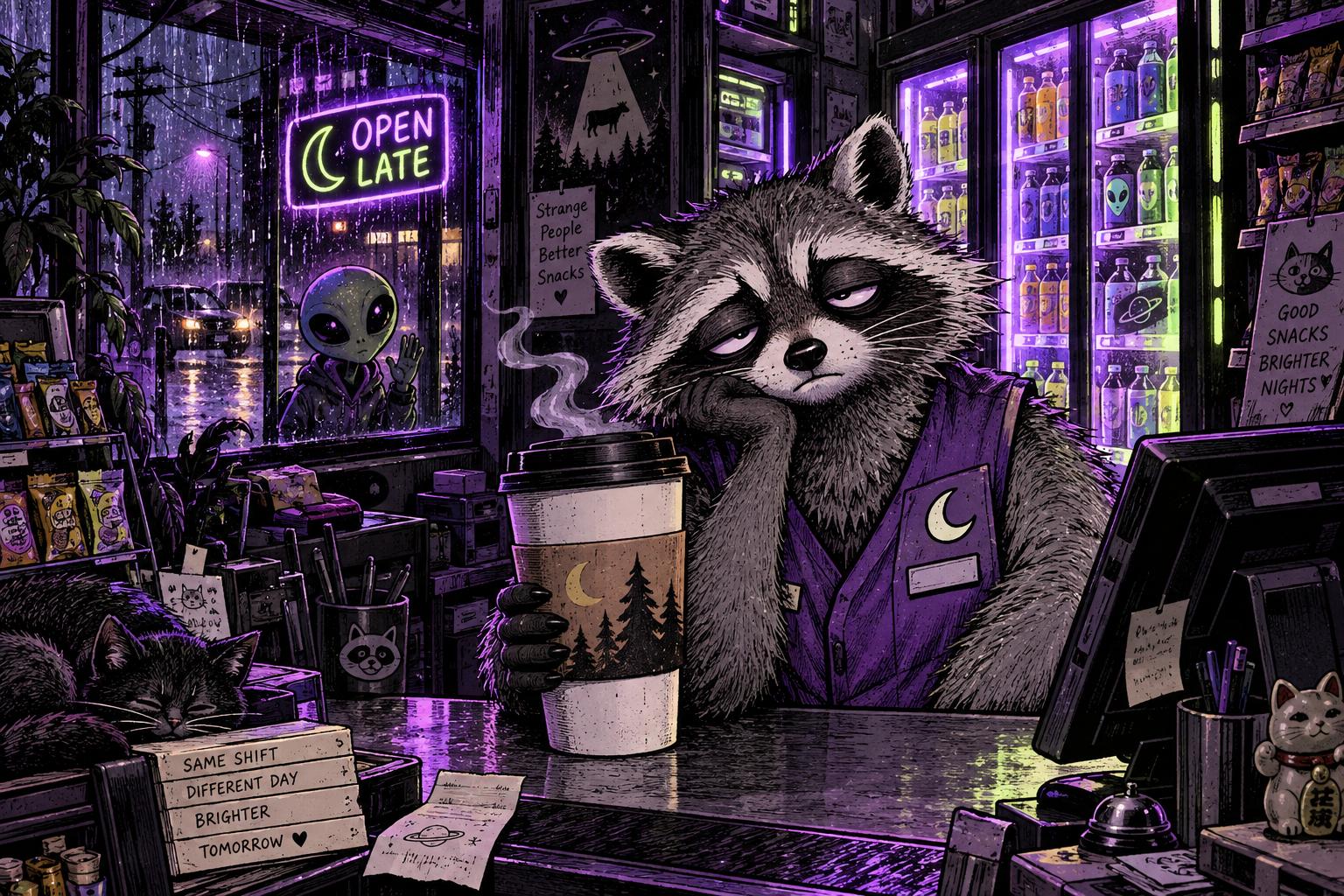 A sleepy raccoon in a purple work vest holding a giant coffee behind a neon-lit convenience store counter